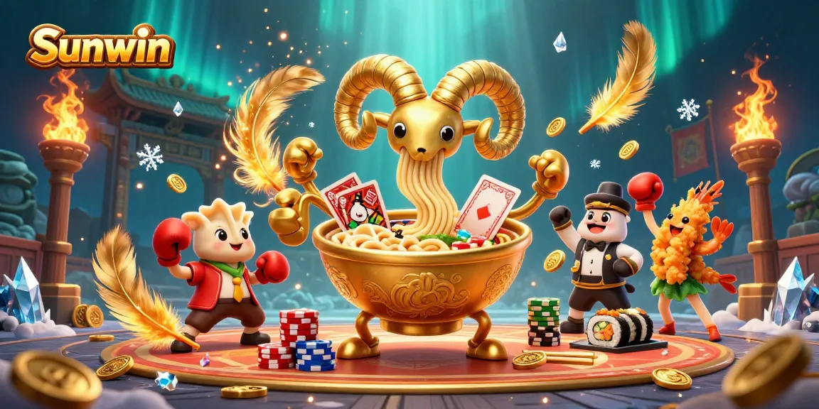 Engage in thrilling moments at Sunwin with a dynamic casino scene featuring cartoon characters and vibrant game elements.