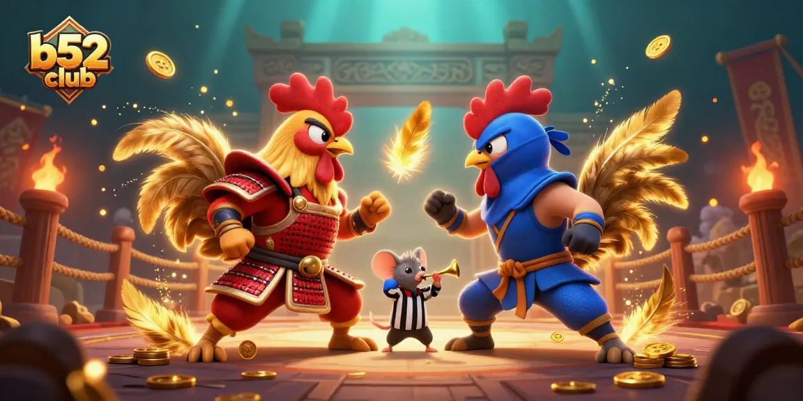 Battle between roosters symbolizes exciting games at b52 club, featuring a dynamic gaming arena.