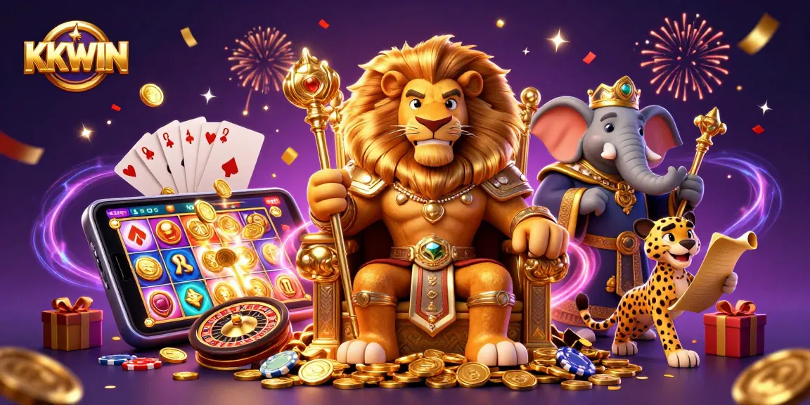 Experience the thrills of KKWIN's casino adventure with vibrant 3D characters surrounded by gaming elements.