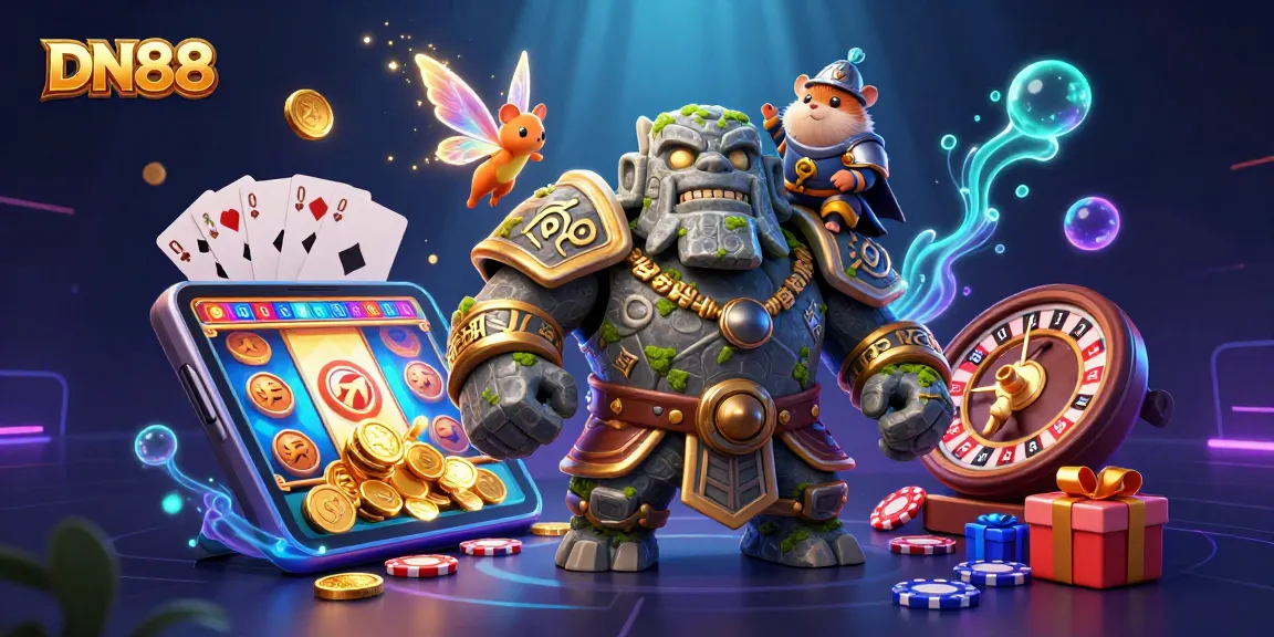 Experience the magic of DN88 with a golem, fairy, and knight in a vibrant casino scene full of gaming elements.