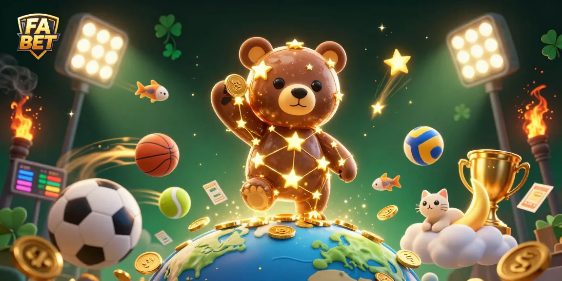 Engage with FA BET as a constellation bear scoops coins in a vibrant gambling scene.