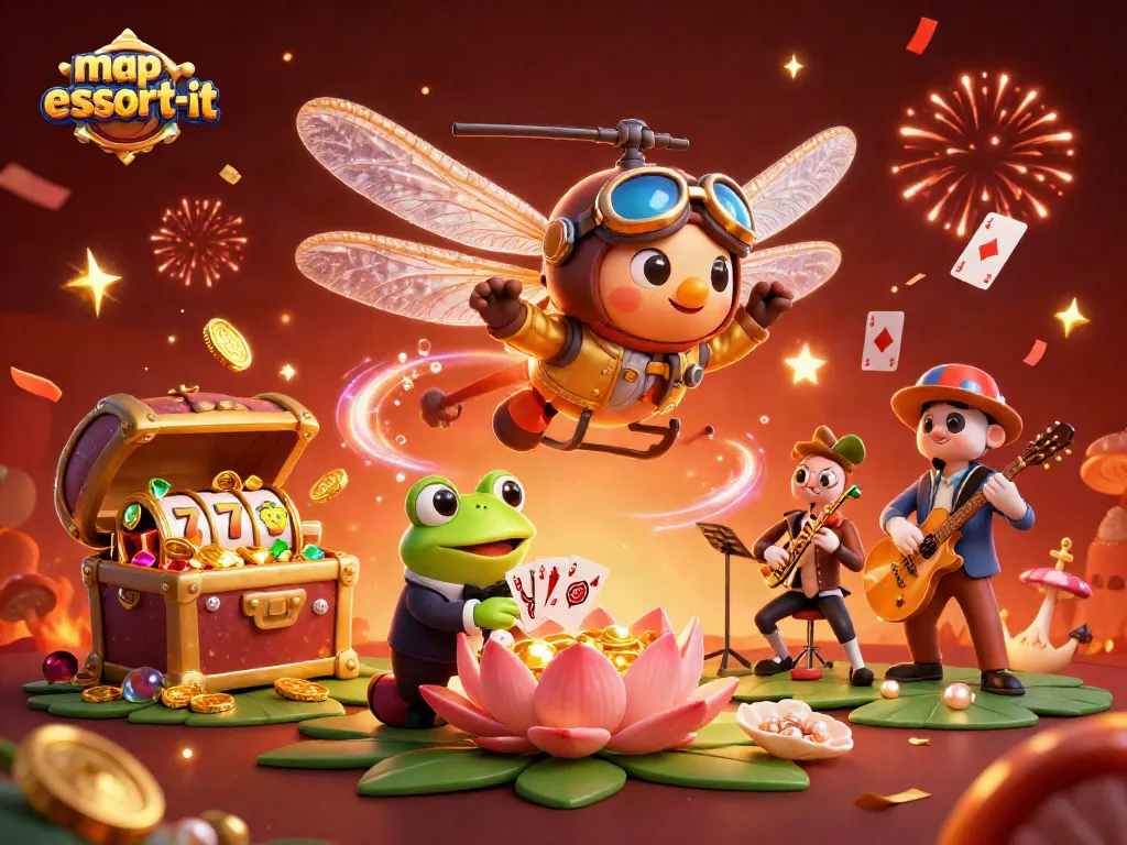 Experience thrilling gameplay with map-escort-it at a vibrant lily pad casino scene.