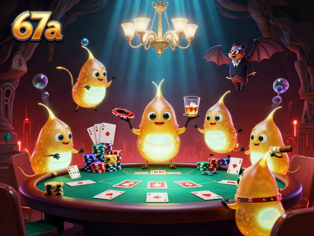 Engage with 67a's vibrant casino scene showcasing glowworms lighting a poker game