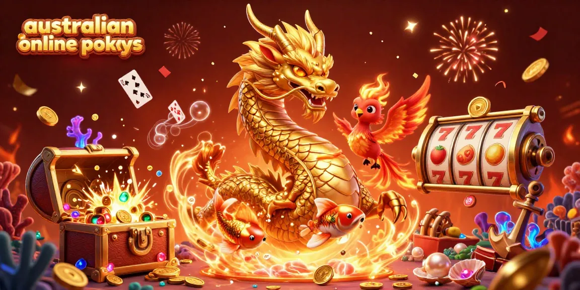 Experience thrilling australian online pokies action with vibrant 3D dragon and coins.