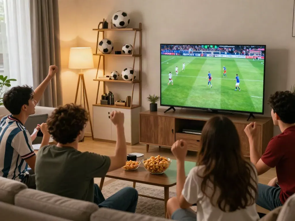 Cakhiatv fans enjoying a live football match in a cozy living room setting.