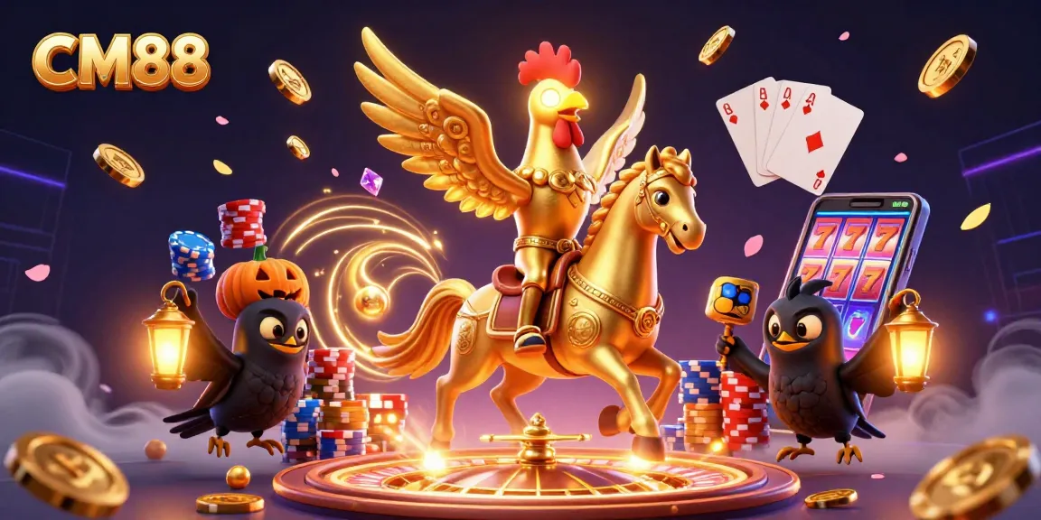 Experience the thrill of CM88 casino with golden rooster and spectral horse amid vibrant games.