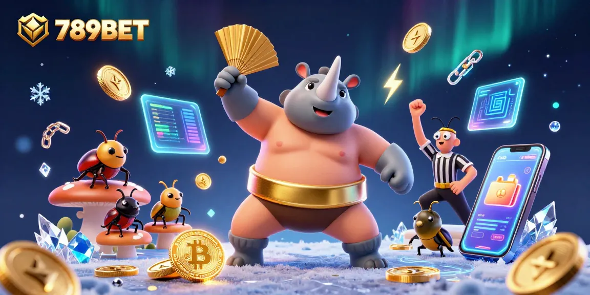 Engaging scene showcasing 789BET with a sumo beetle champion surrounded by glowing crypto elements and coin action.