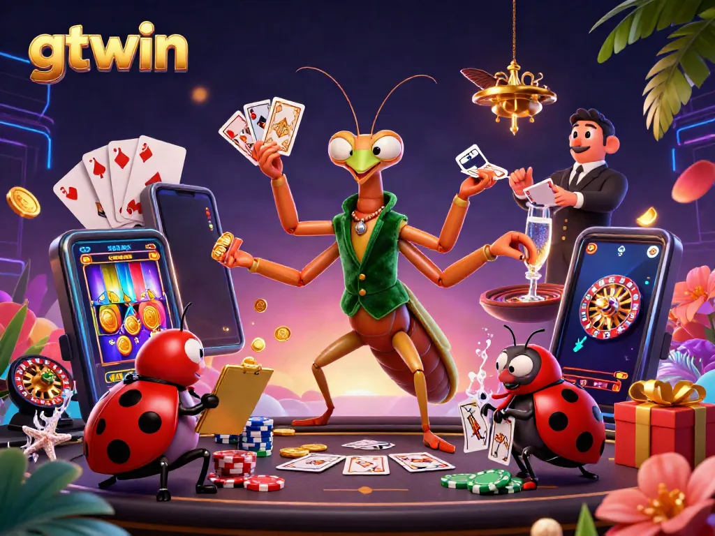 Experience the excitement at gtwin's casino with vibrant 3D characters engaging in card games and slot machines.