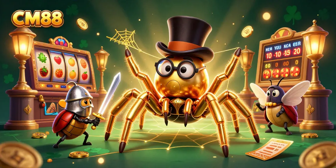 CM88 spins big wins with a golden tarantula and beetle knight in a vibrant casino scene