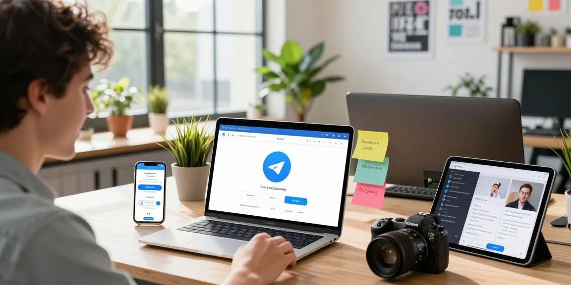 Download Telegram app on a laptop in a vibrant workspace showcasing its features and interface