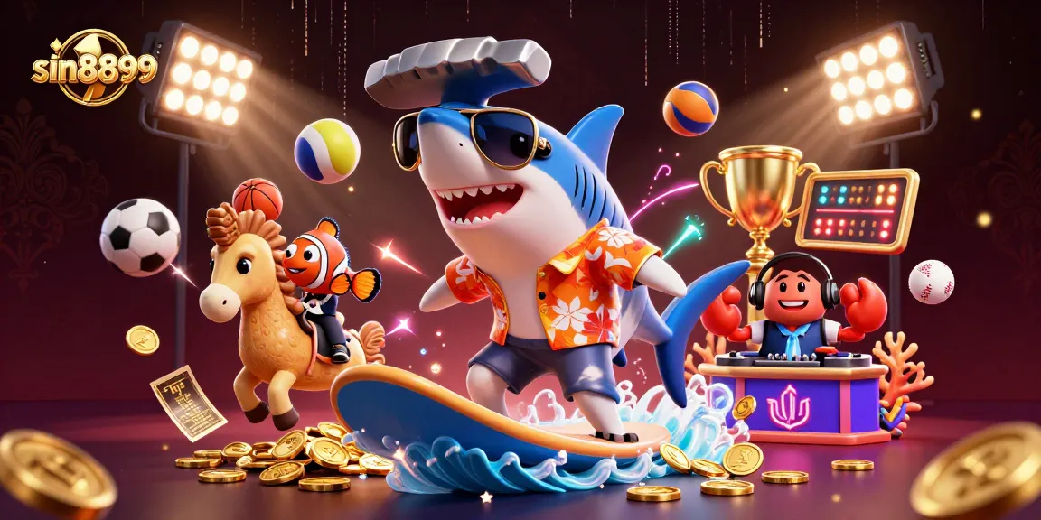 Win big with sin8899's dynamic sports betting adventure featuring a shark, clownfish, and crab DJ.