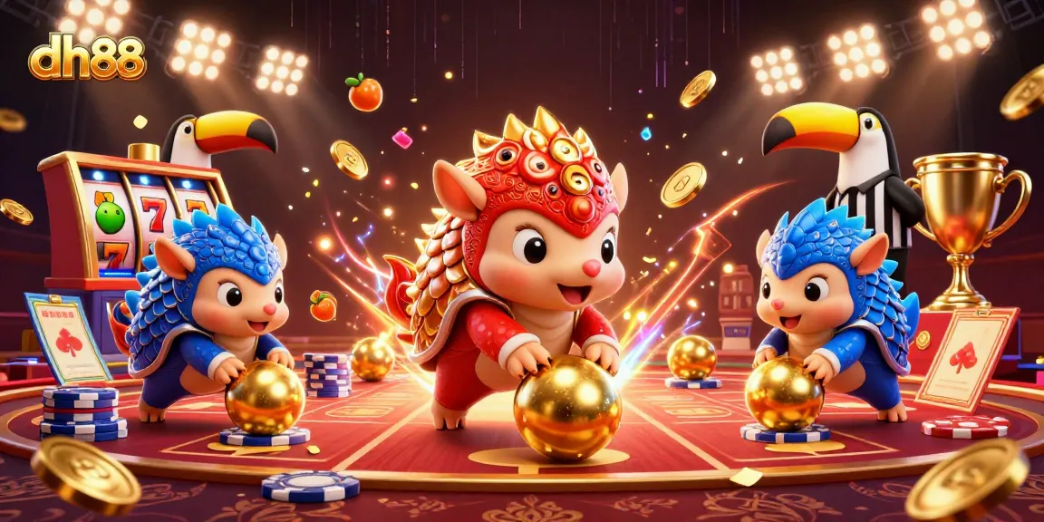 dh88 brings excitement as pangolins roll into poker chips in a dynamic casino scene.