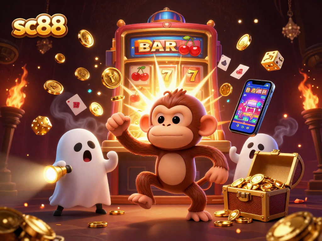 sc88 showcases a mischievous poltergeist monkey juggling gold in a vibrant haunted casino scene.