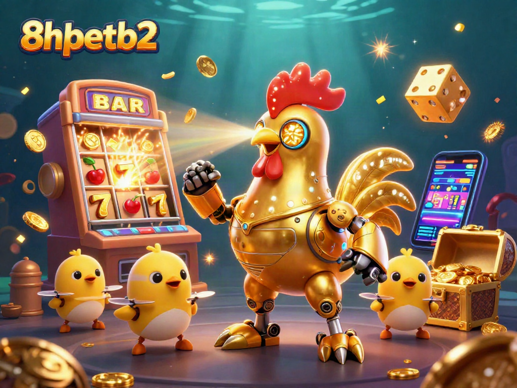 Win big with 8xbetb2's vibrant casino illustration featuring golden rooster and slot machines.