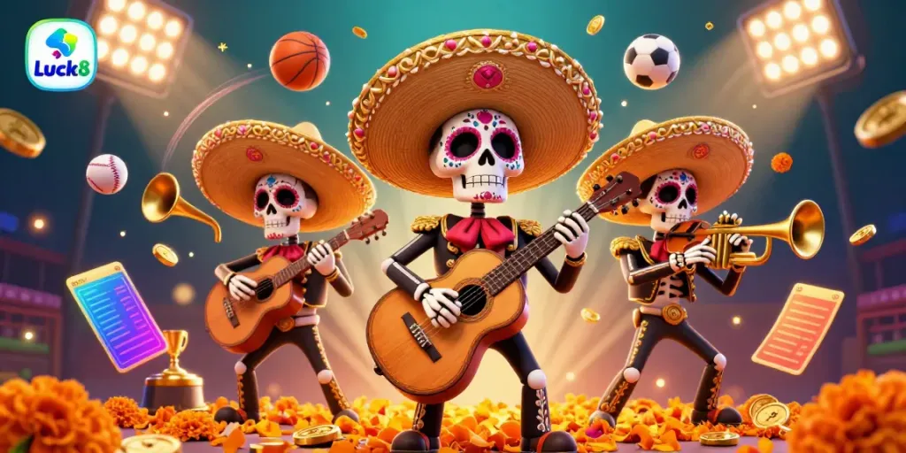 Experience thrilling game action at Luck8 with colorful skeletons and dynamic sports elements in 3D.