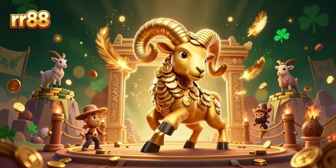 Experience excitement with rr88 through a thrilling scene featuring a golden ram charging at a casino gate, symbolizing big wins.