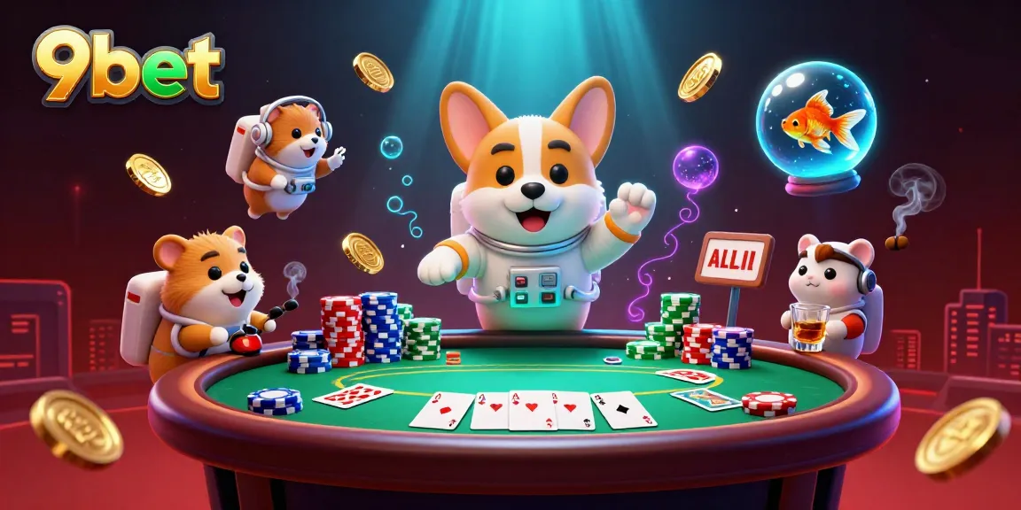 Experience the thrill of 9bet with our vibrant casino illustration featuring a playful atmosphere with a corgi!