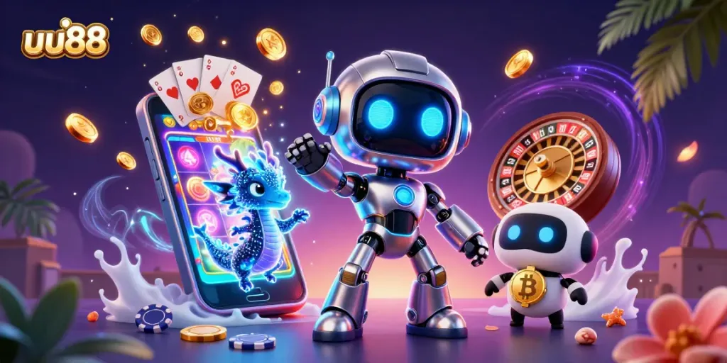 uu88 showcases a vibrant cyberpunk casino scene with a robot, AI dragon, and bitcoin drone.