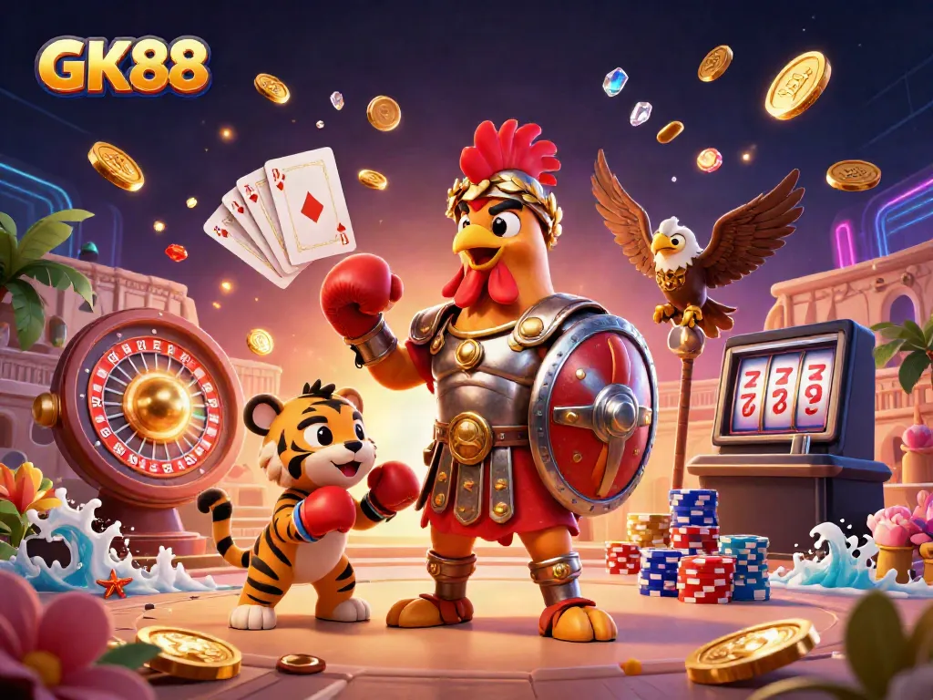 Experience thrilling action at GK88 with a gladiator rooster and tiger cub among casino elements.