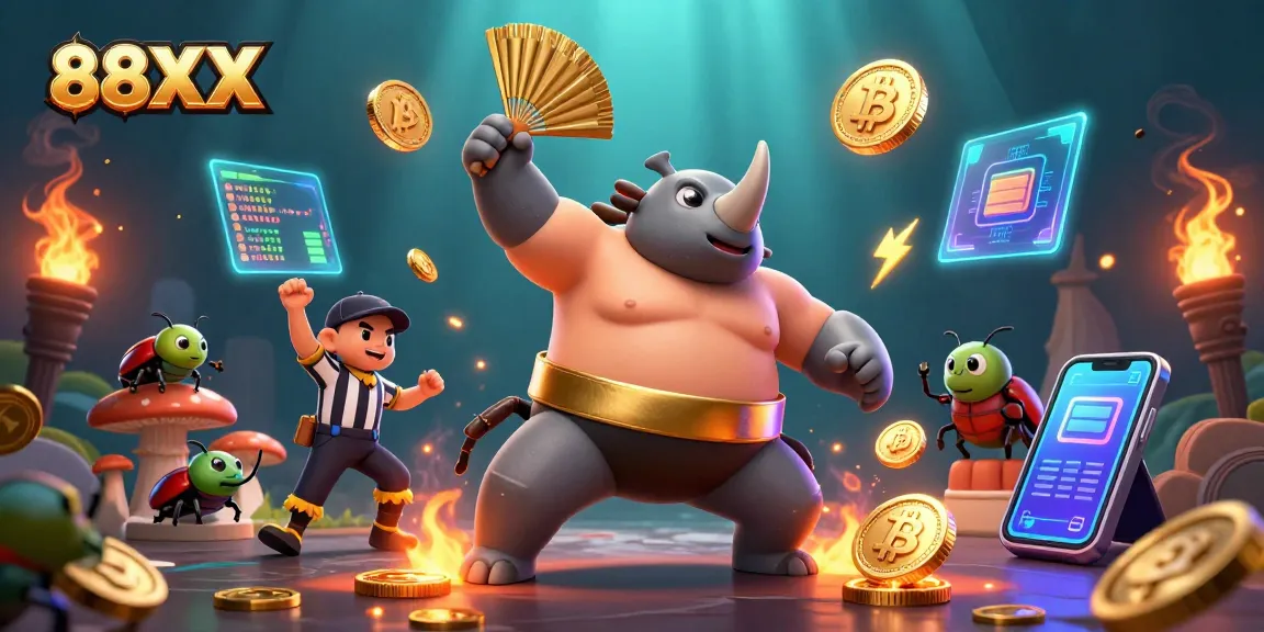 Experience thrilling action at 88XX casino with a cartoon beetle champion amidst flying coins.