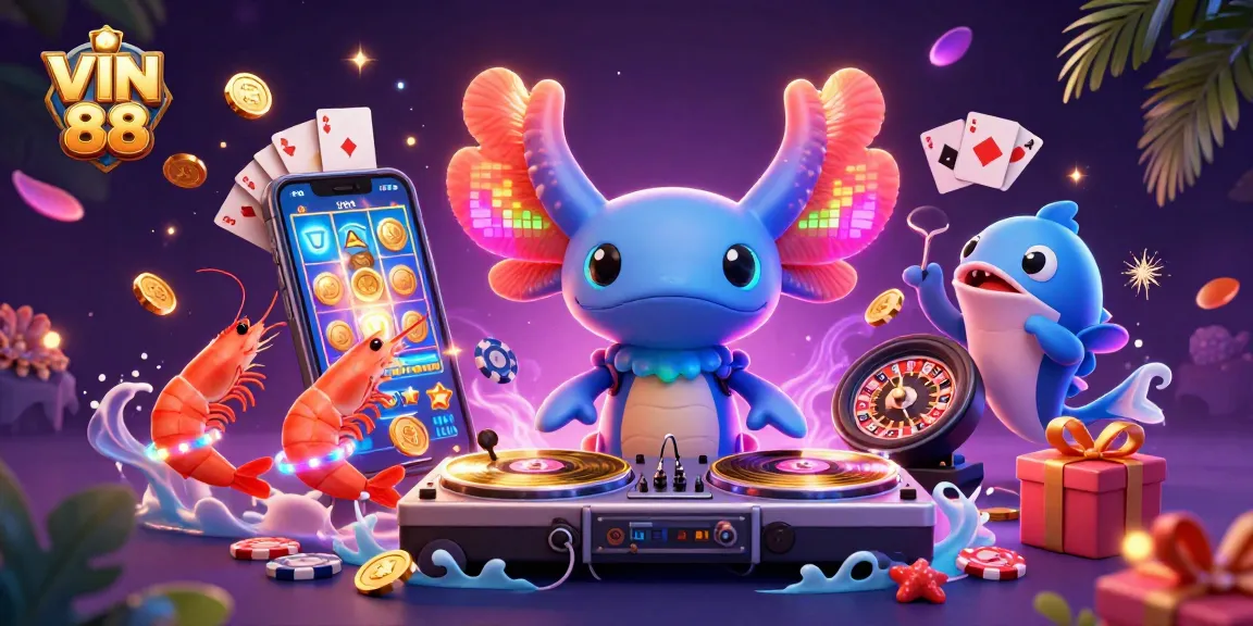 Experience thrilling gameplay with VIN 88 as neon characters spin slot reels and dance.