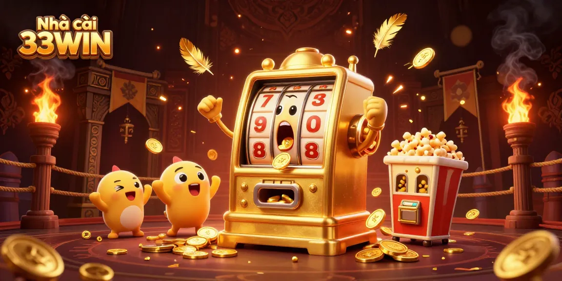 Experience excitement at Nhà cái 33WIN with a lucky slot machine hitting the jackpot in vibrant casino art.