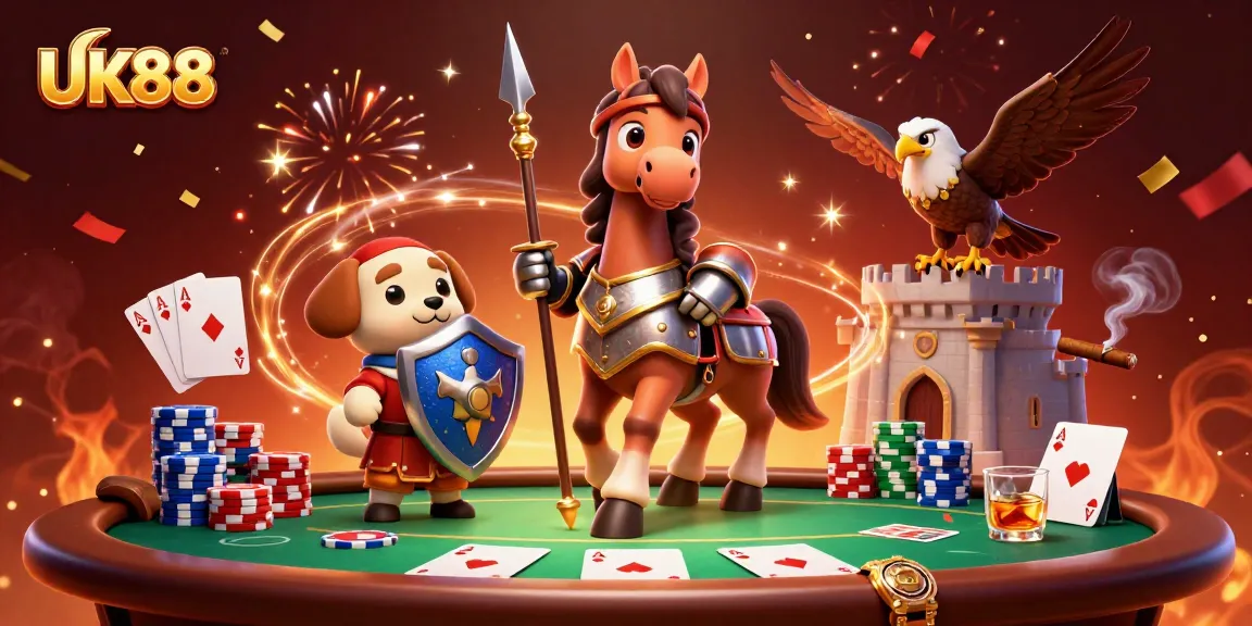 Engage in thrilling gameplay at UK88 with a knight, squire, and falcon at a poker table.