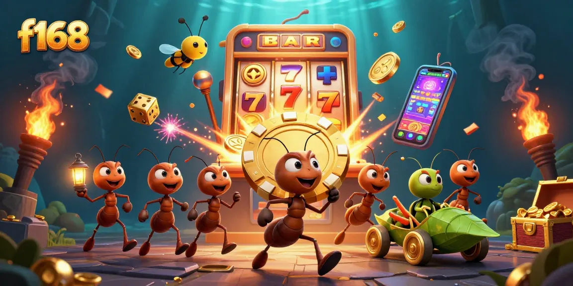 Win big at f168 with a rich, dynamic casino heist illustration featuring ants and vibrant gaming elements.