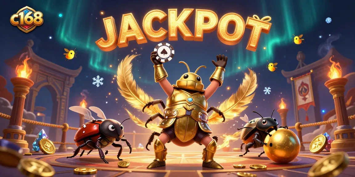 Uncover the excitement at c168 with a victory scene featuring beetles, jackpot spells, and thrilling casino elements.