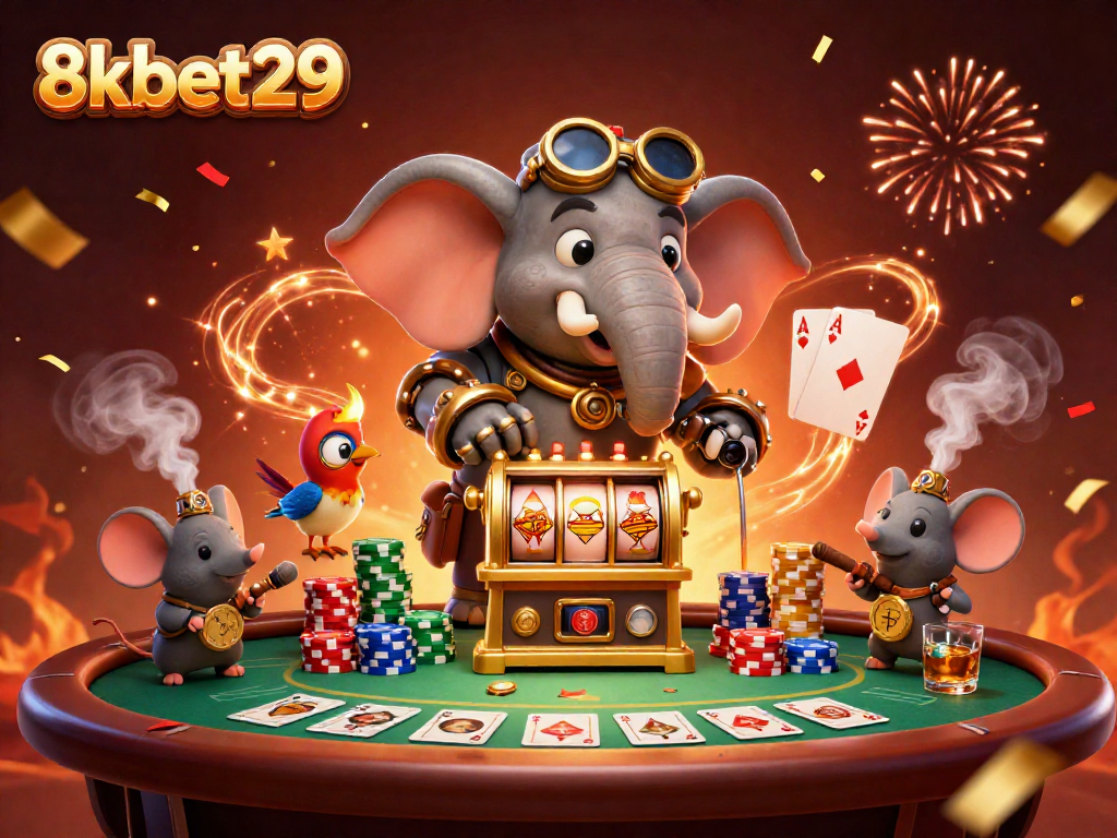 Engage in thrilling action at 8kbet29 with a lively scene featuring a steampunk elephant and poker table