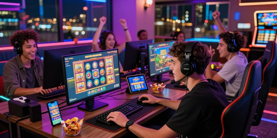 Una scena dinamica di giocatori che si divertono in giochi vivaci presso un casinò non AAMS, ricca di emozione e attrezzature di gioco moderne.