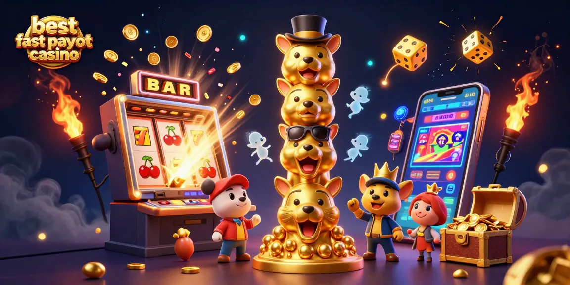 Experience the thrill at the best fast payout casino with dynamic slot machines, golden totem pole, and festive atmosphere.