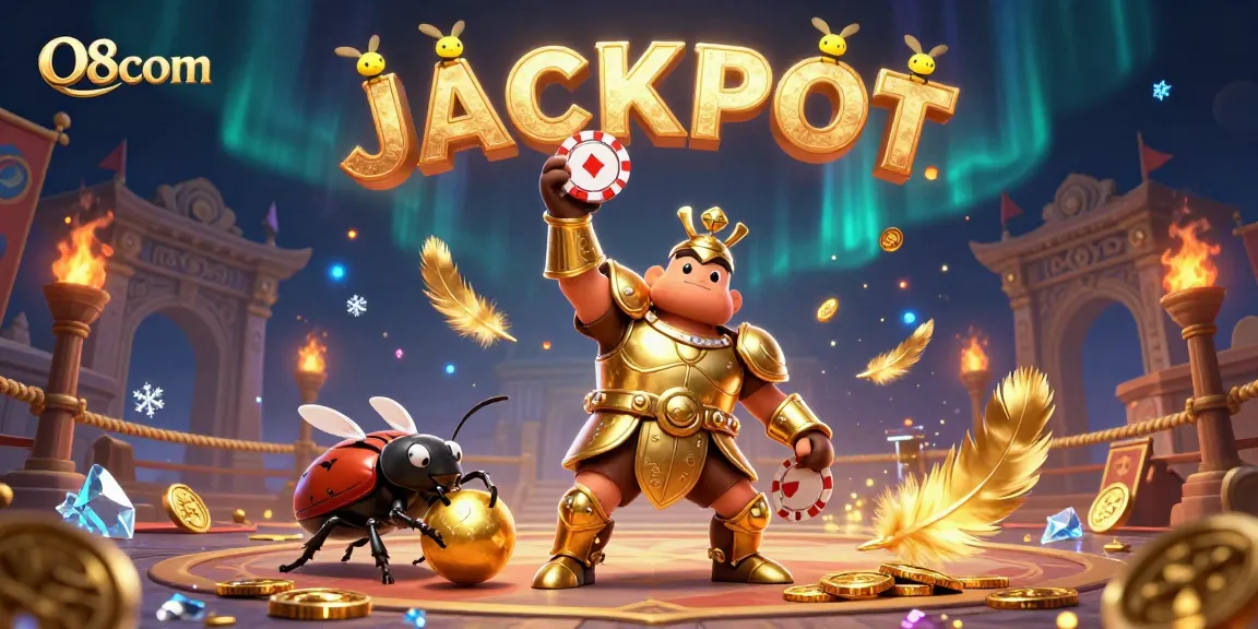 Win big with O8com in this vibrant 3D casino illustration showcasing a jackpot celebration.