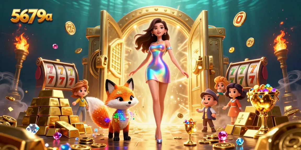 Engage in thrilling slot adventures with 5679a's colorful casino illustration featuring vibrant characters and treasure motifs.