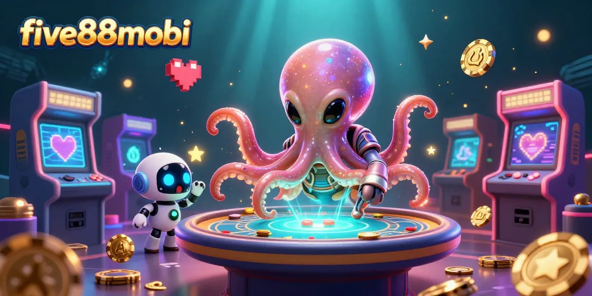 Play thrilling games at five88mobi with a whimsical alien octopus and vivid holographic design!