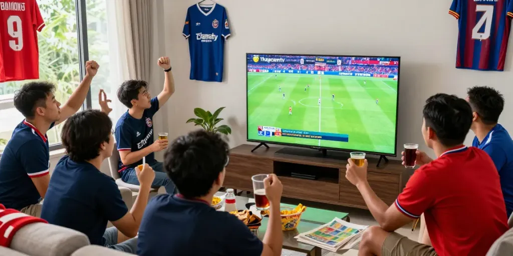 Football fans enjoying a live Thapcamtv broadcast at home during an exciting match.