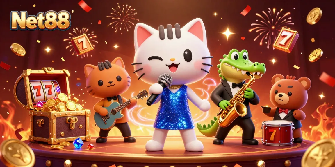 Net88 showcases exciting casino moments with a jazzy cat, croc, and bear amidst slot reels.