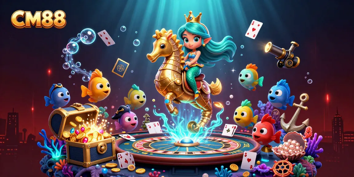CM88 mermaid princess navigating a vibrant underwater casino, surrounded by dynamic gaming elements.