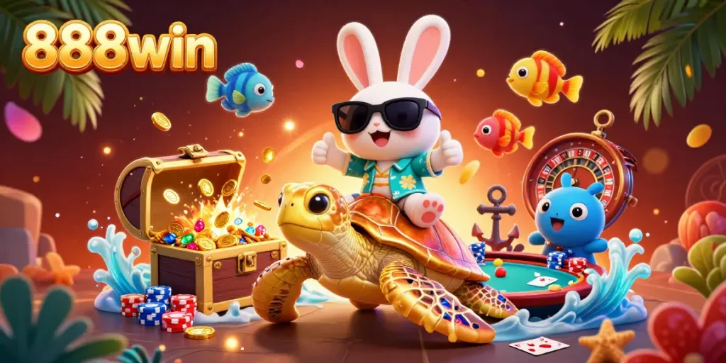 Experience the thrill of 888win with a lucky rabbit and golden turtle in a vibrant casino scene.