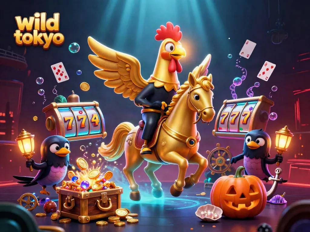Experience the vibrant wild tokyo casino scene with golden rooster, playing cards, and explosive treasures.
