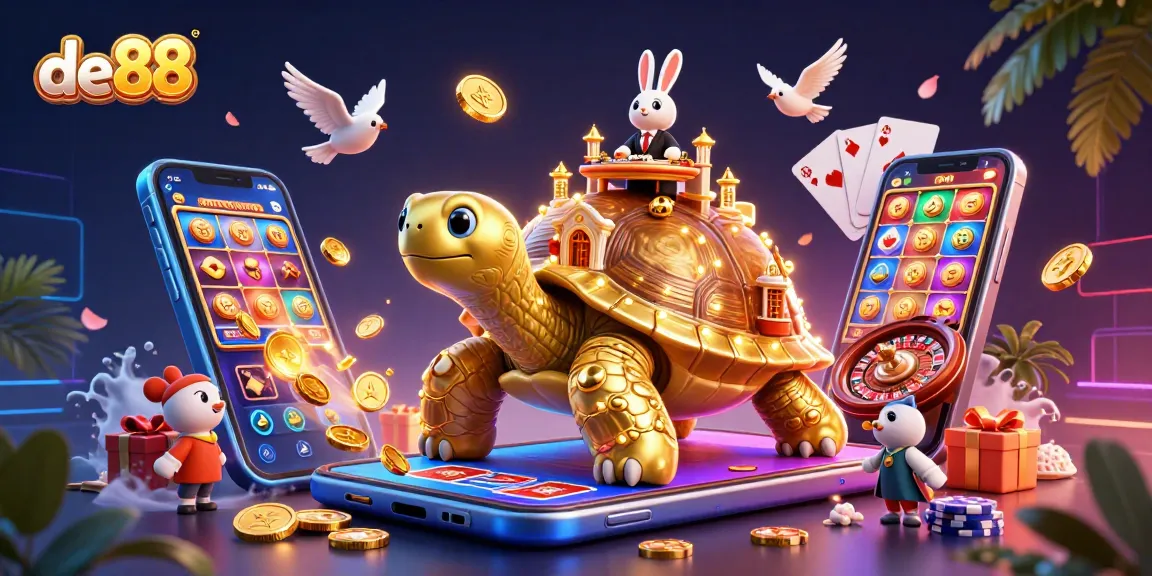 Experience the vibrant action at de88 with golden coins, a tortoise casino, and a rabbit dealer!