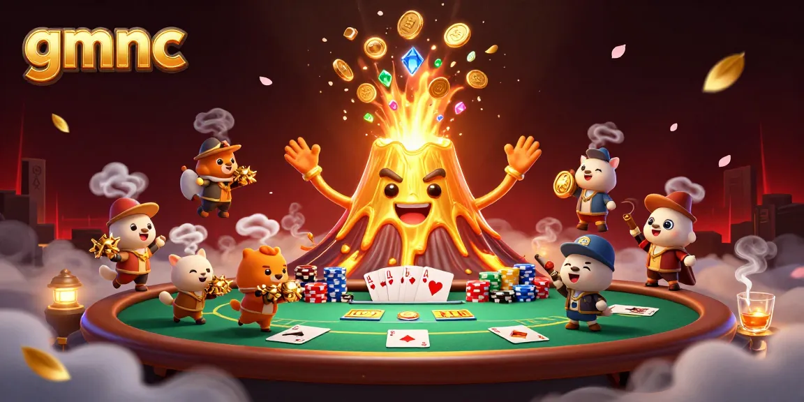 Experience the thrilling eruption of the gmnc volcano pouring treasure and excitement in this dynamic casino illustration.