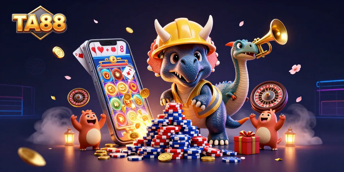 Engage with TA88 casino excitement as a triceratops builds poker chip towers amidst cheering dinosaurs.