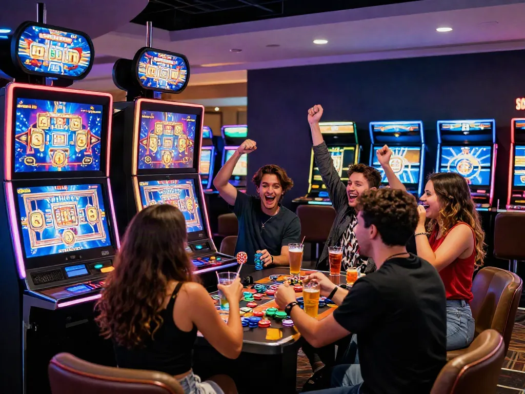 Exciting rokok88 slot login scene with players celebrating their wins in a modern casino.