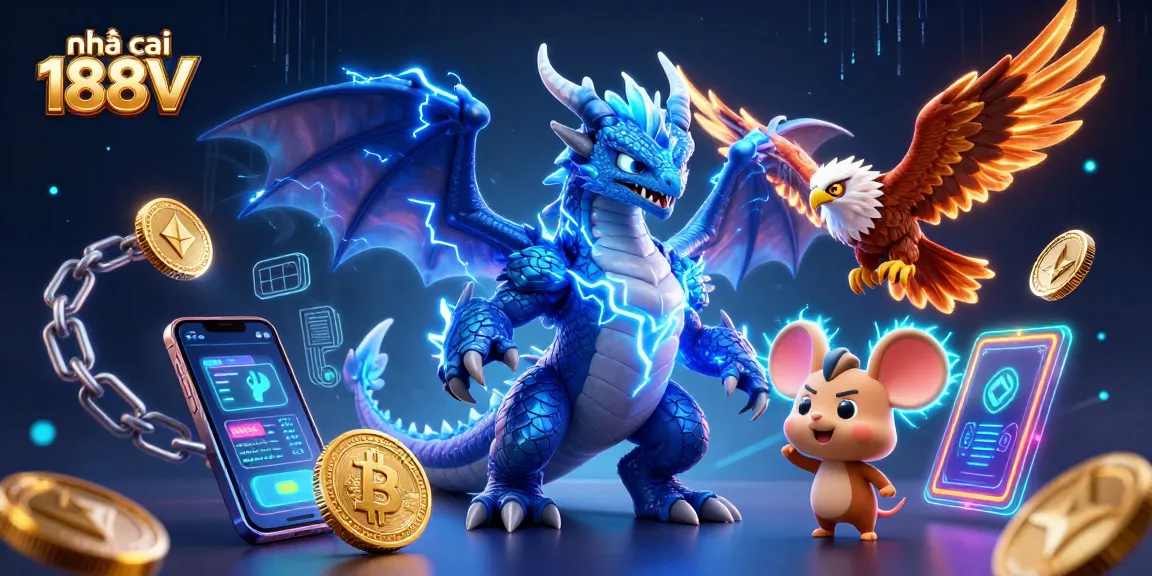 Engage with thrilling gameplay at nhà cái 188V featuring a vibrant casino scene filled with dynamic characters and crypto coins.