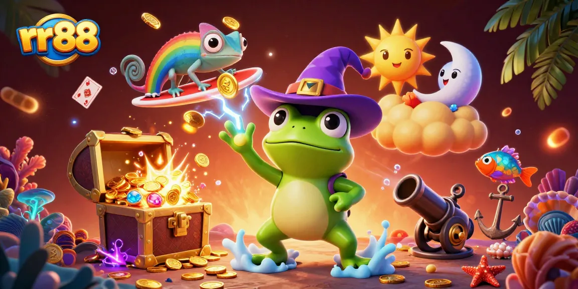 Experience the excitement of rr88, where the wizard frog conjures gold in a dynamic casino-themed illustration.