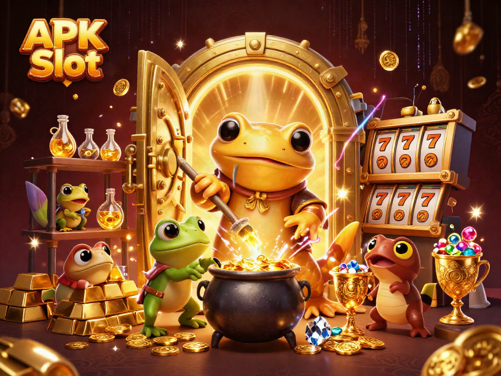 Spin into fun with APK Slot featuring rich casino elements and alchemic characters.
