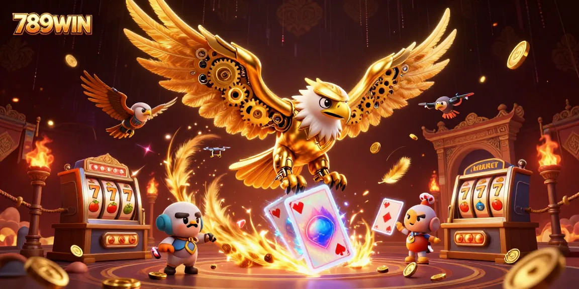 Engage with the thrilling world of 789WIN featuring a 3D cybernetic eagle amidst a dynamic casino scene.