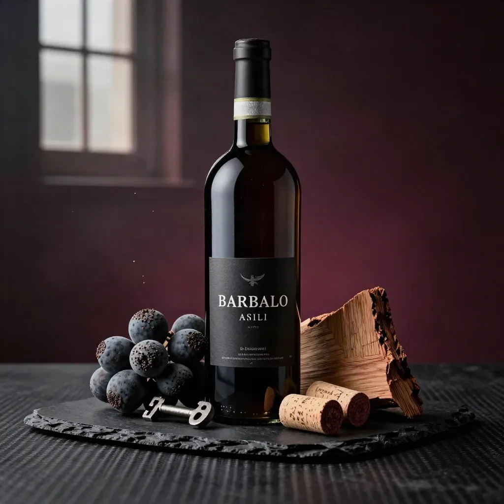 Bottiglia di Barbaresco sospesa su lastra scura con nebbiolo, sugheri e frammento di botte.