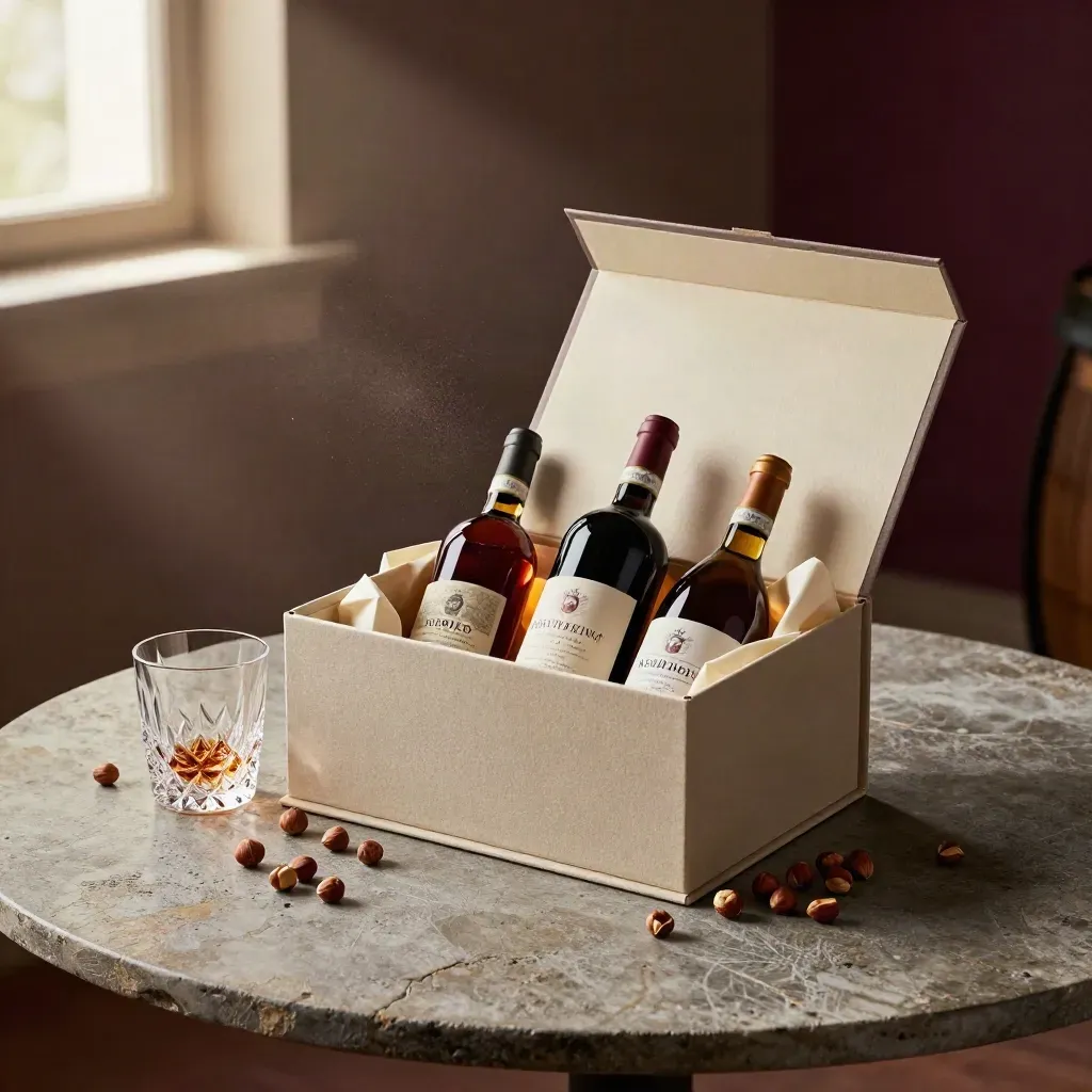 Scatola di Nebbiolo aperta con tre bottiglie, bicchieri e nocciole su tavolo in pietra.